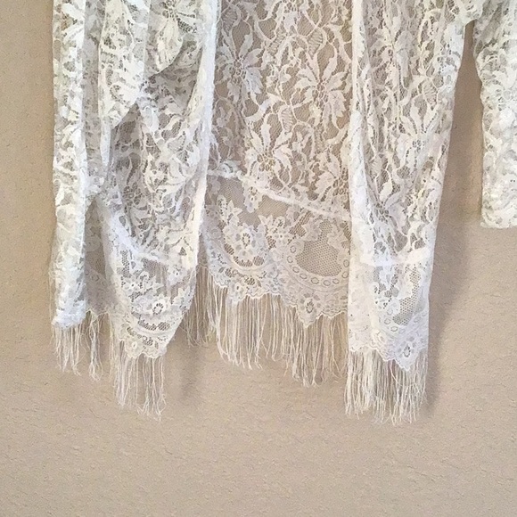SHEER OPEN LACE WHITE ROBE with fringe detailed hem Never worn, no snags. XS/S - Picture 3 of 4